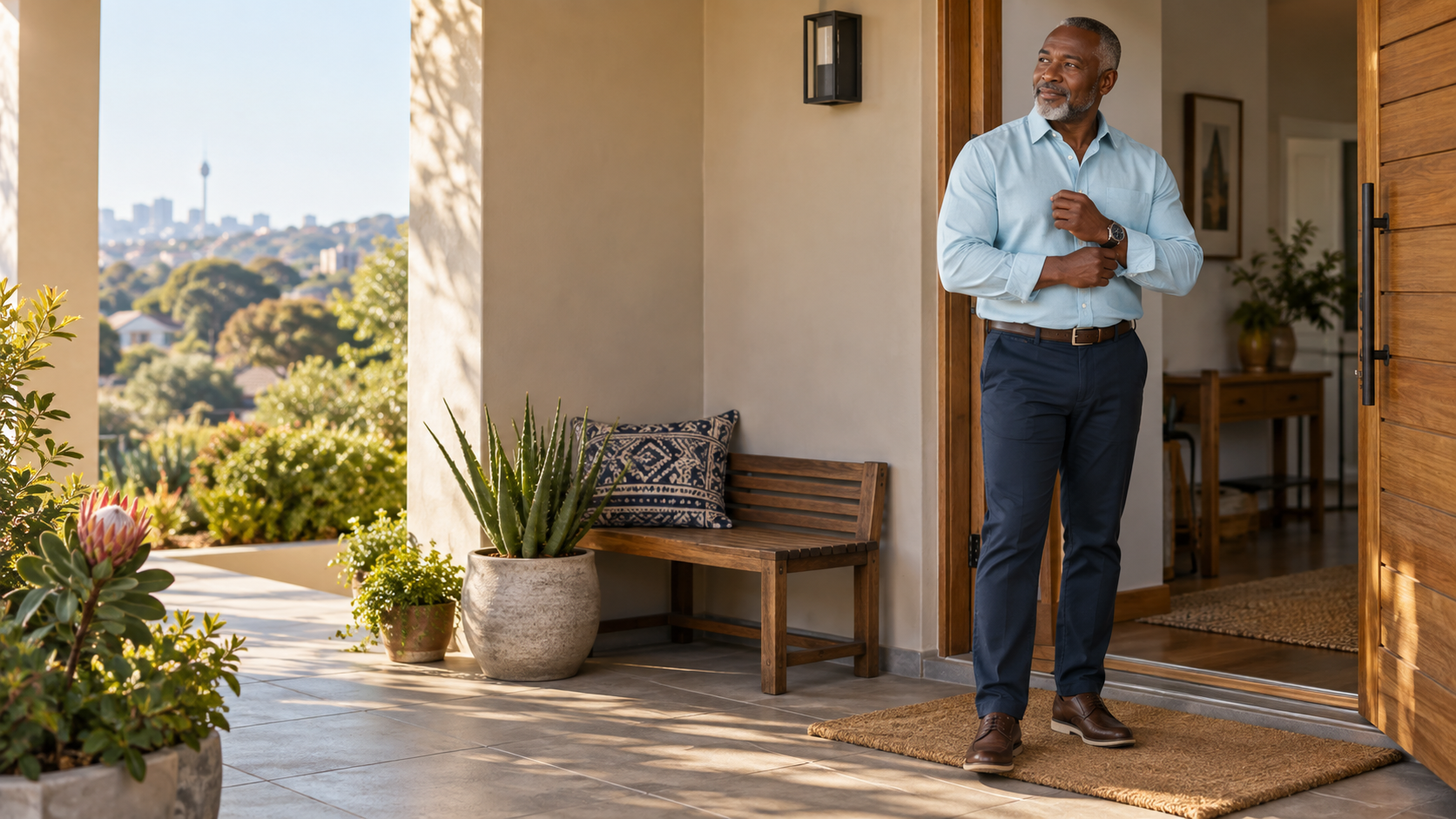 Confident mature South African man preparing to leave home in the morning