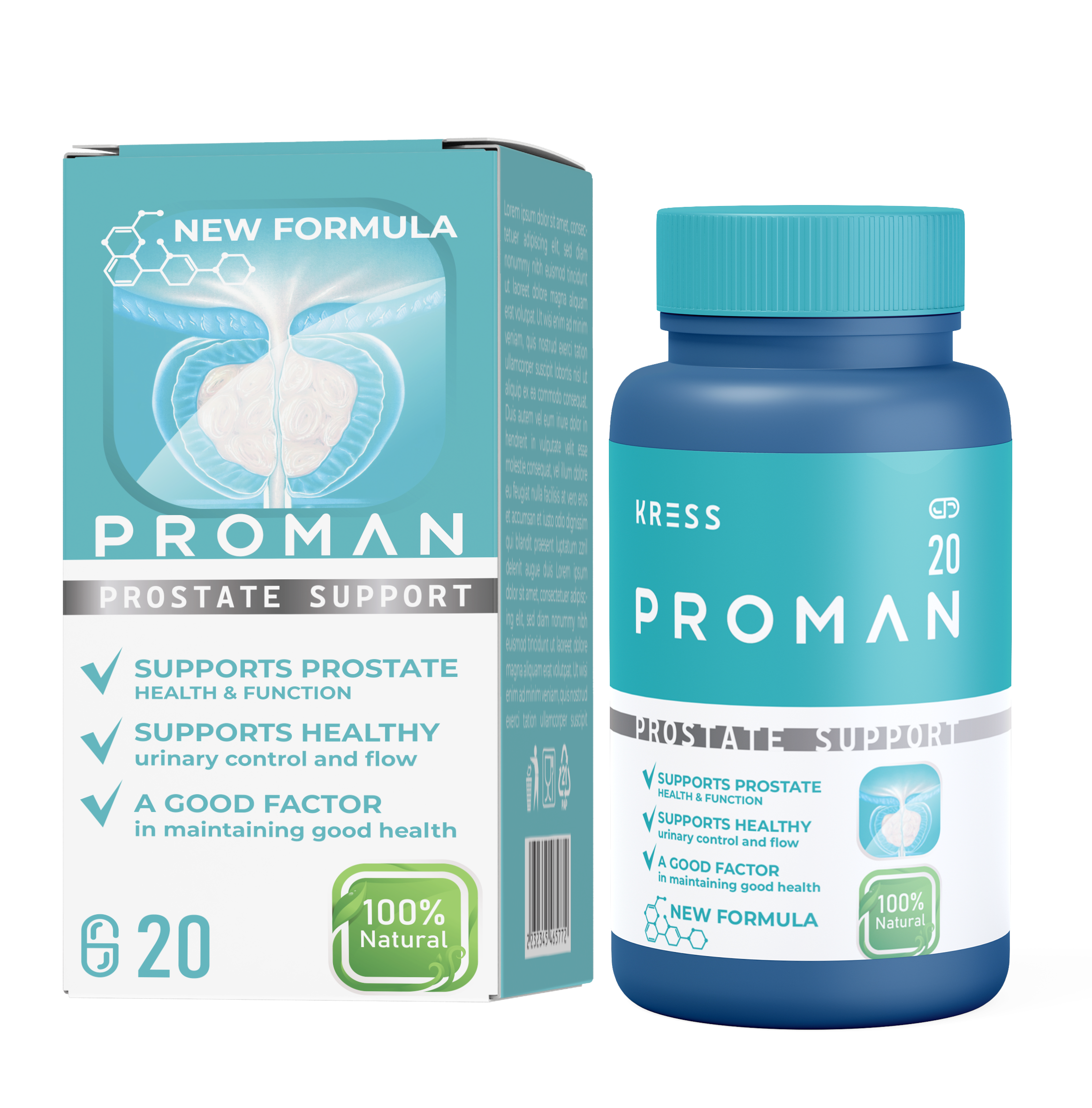 Proman prostate support bottle and box with 20 capsules